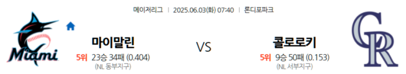 6월 3일 MLB: 마이애미에서 펼쳐지는 인터리그 맞대결! 마이애미 말린스, 홈에서 콜로라도 로키스 꺾고 반등 노릴까? 콜로라도 로키스, 원정에서 끈끈한 야구 보여줄까?